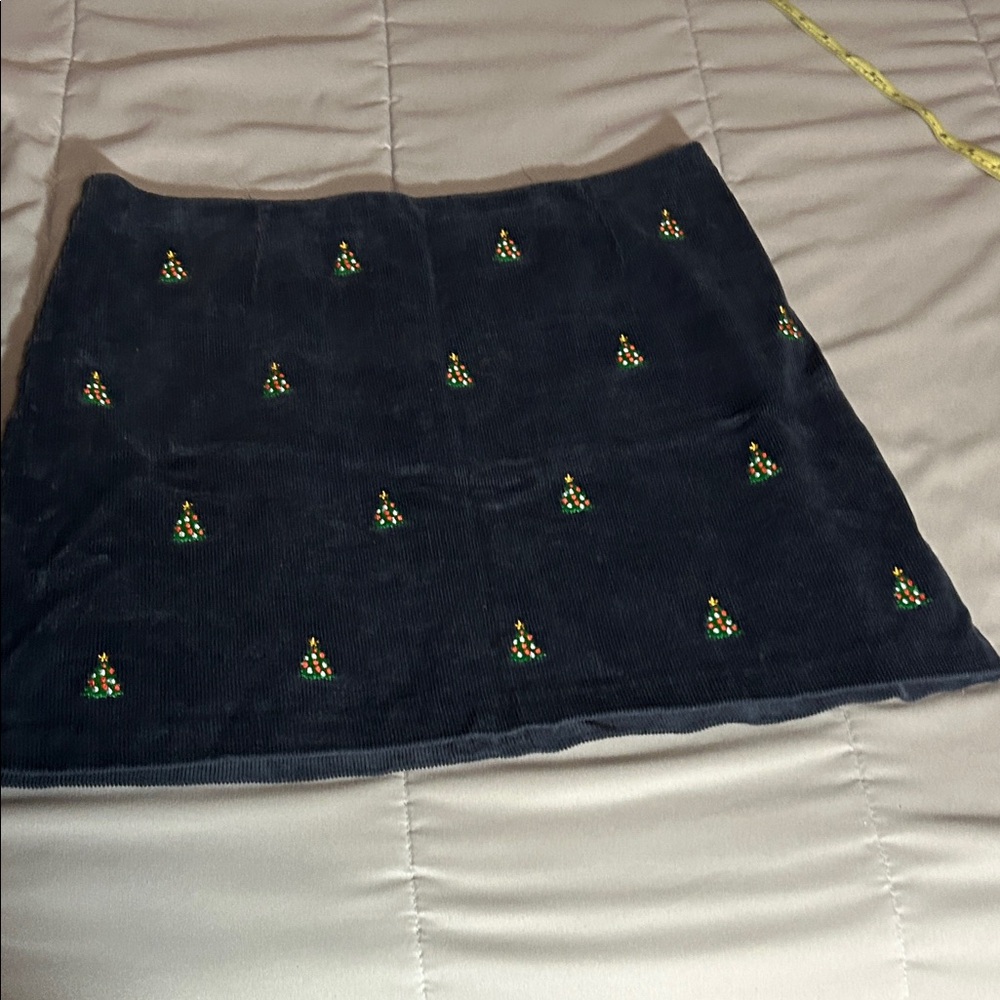 Castaway Dark Blue Mini Skirt with Embroidered Christmas Trees